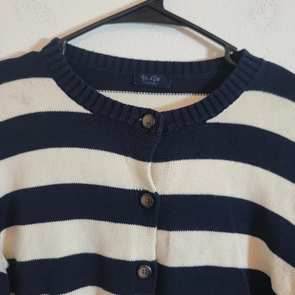 John Galt Stripe Amalie Button Front Cardigan Cotton Nautical Navy Blue Cream OS